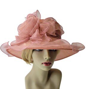 Dusty Rose Dress Hat Pink Organza Packable Ruffles Frilly Wedding Hat